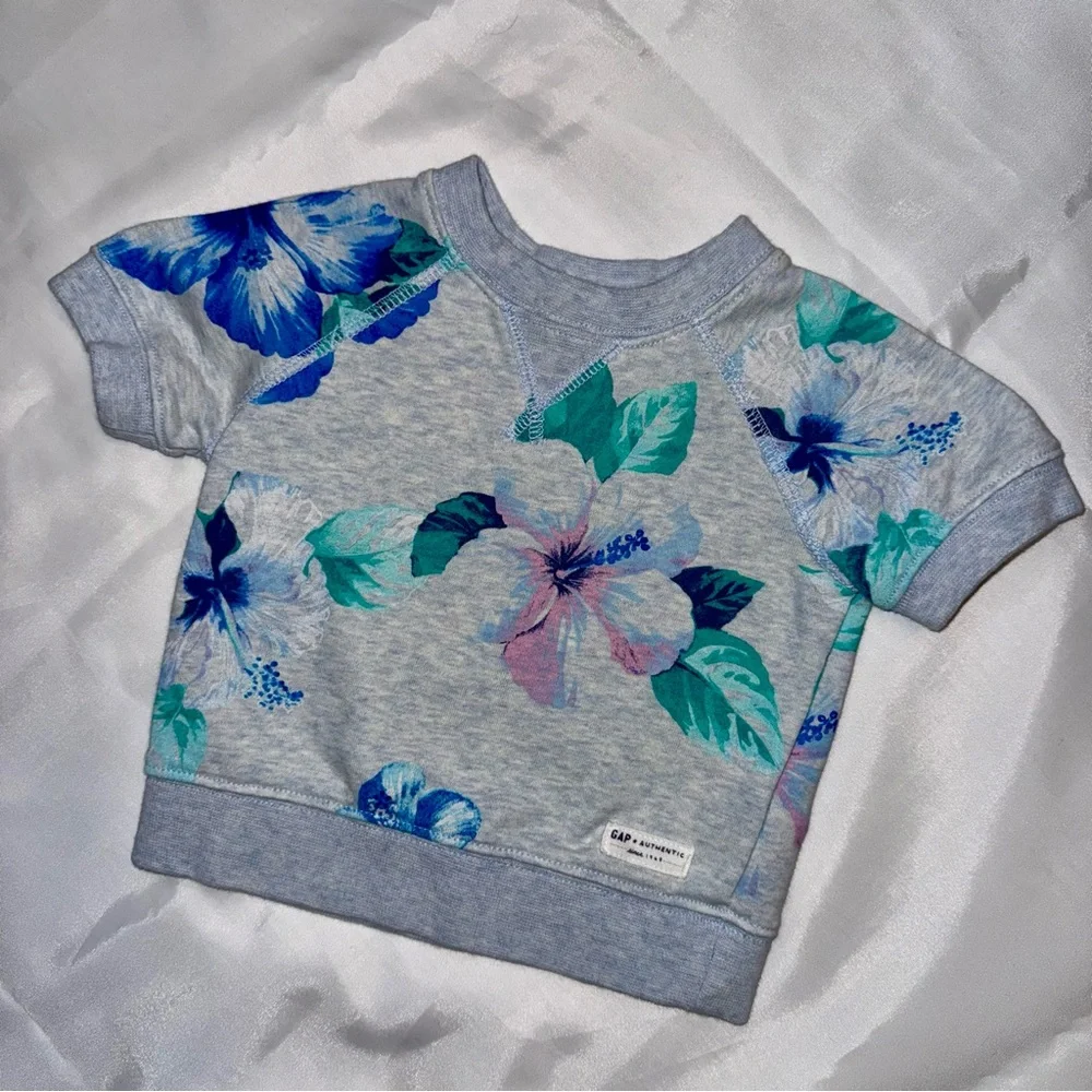 Baby Gap 6-12 mos Girl S/S Gray Blue Pink Big Flowers‎ Fleece/Top/Shirt